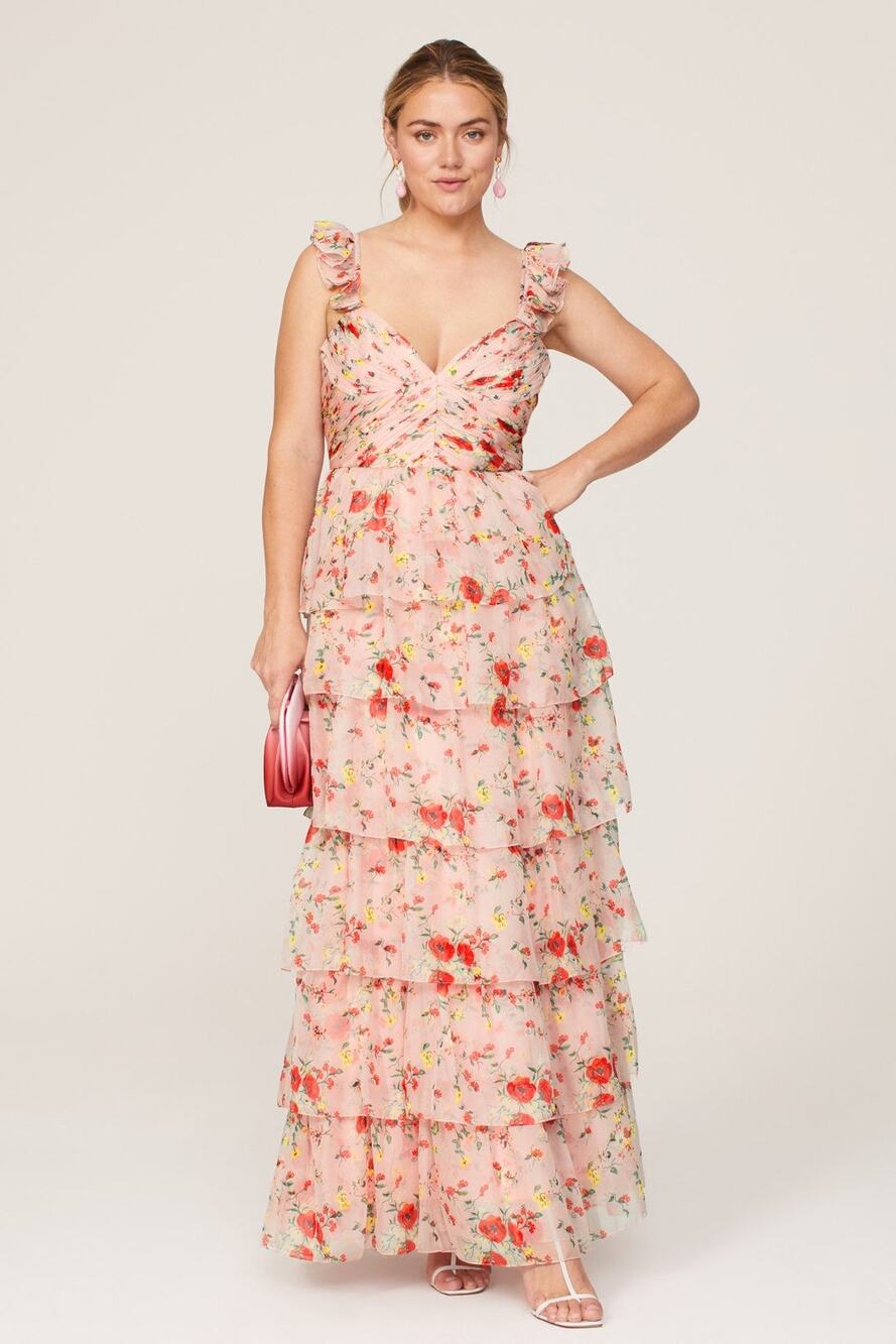 Ieena Mac Duggal Pink Ruffled Floral Gown